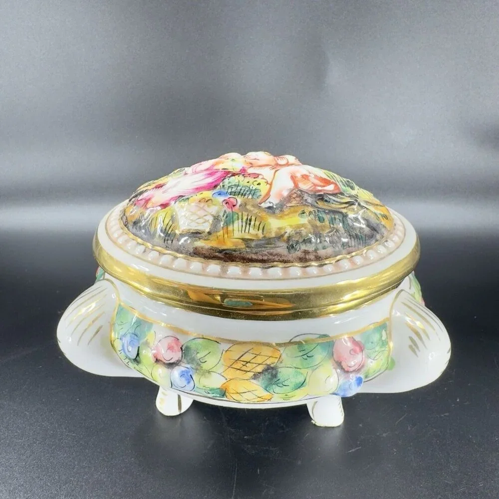 Vintage Capodimonte Italian Pottery Covered Dish Covered Bowl Dish Painted Italy